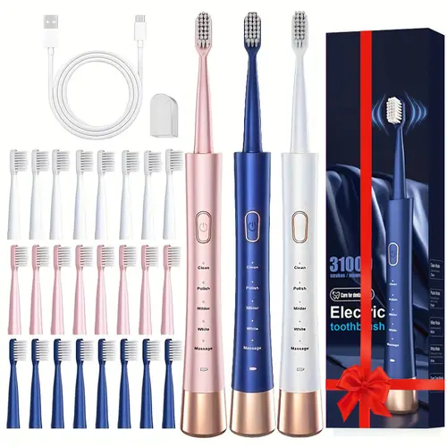 Electric Toothbrush Set, 1 Box Portable Rechargeable Automatic Toothbrush & 8 Counts Replacement Brush Heads, Oral Care Product for Adults, Replaceable Brush Heads, Rechargeable Electronic Toothbrushes