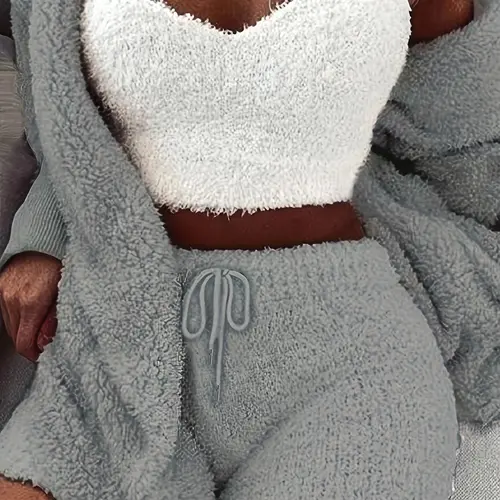 【Black Friday】Women's Solid-Color Plush Three-Piece Pajama Set, Cropped V-Neck Cami Top, Hooded Coat, and Drawstring Shorts, Soft and Comfortable Winter Loungewear, Sleepwear