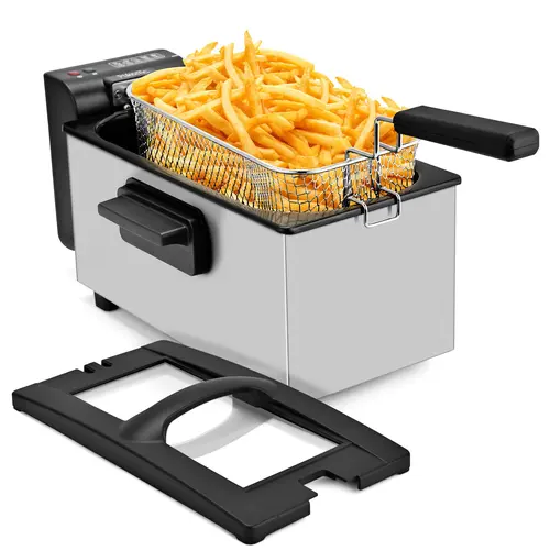 Pukomc 1500W Power Adjustable Temperature Fryer - 3.1 QT Capacity Household Appliances, 1.6QT 6-Cup Oil Capacity, Non-Stick Pot & Basket, Viewing Window, Cool Touch, Fast Even Heating, Ready Light Cue, Easy Clean, Splatter Reduction