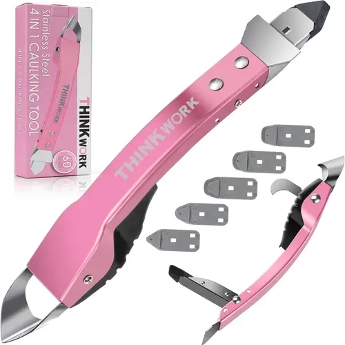THINKWORK Caulking Tool Kit, 4 in 1 Caulk Remover Tool, Stainless Steel Caulk Tool for Kitchen Bathroom Window Sink Tile Joint, Light Pink tool kit silicone caulking Silicone 3-in-1
