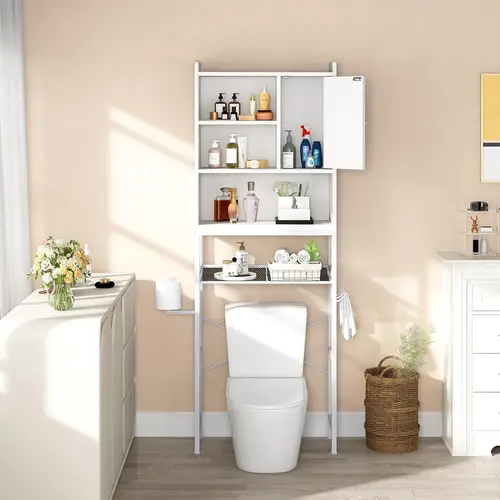 AWQM Over The Toilet Storage Cabinet, Bathroom Toilet Rack, Freestanding Organizer with Adjustable Shelf and Paper Hook, Space-Saving Toilet Stand for Open Storage - White, Retro Brown, Rustic Brown