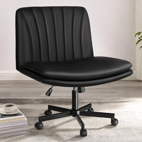 PUKAMI Ergonomic Swivel Armless Office Desk Chair - PU Leather, Criss Cross Design, 360° Swivel Move Silent PU Nylon Wheels, 24.8-inch Base, 4.7-inch Height, 300lb Capacity, Adjustable Wide Seat, Reduces Fatigue, Quick Assembly for Home Office (White)