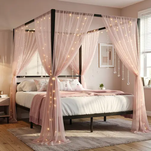 SHA CERLIN Minimalist DIY Canopy Platform Bed Frame (Frame Only, No Mattress/Curtain) Metal Slats Support, No Box Spring Needed, Full/Queen Size, Room Decor, Cool Room Decor