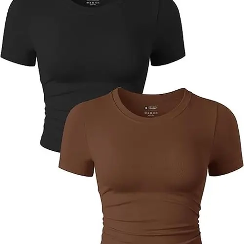 Women's 2-Pack Fitted Ribbed Slim Seamless Crop Tops - Stretchy Soft Crew Neck Short-Sleeve Solid Tops, Ruched Sides Casual Activewear for Athletic Use (Pairs with Shorts)