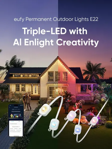 【Exclusive Bundle】eufy Security Permanent Outdoor Lights E22 With 60 Triple-LED Lights Smart RGBWW Lights Daily and Festive Up to IP67 Waterproof AI Lighting Themes for Christmas APP Control