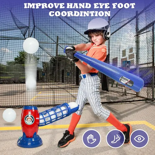 Auto Baseball Pitching Machine for Kids w/Bat, 10 Nitrosamine-Free Soft Balls,  Backyard Baseball Set, Backyard Sports Toy for Children Development, Improve Hand-Eye Coordination, Ages 3+ Outdoor Gift