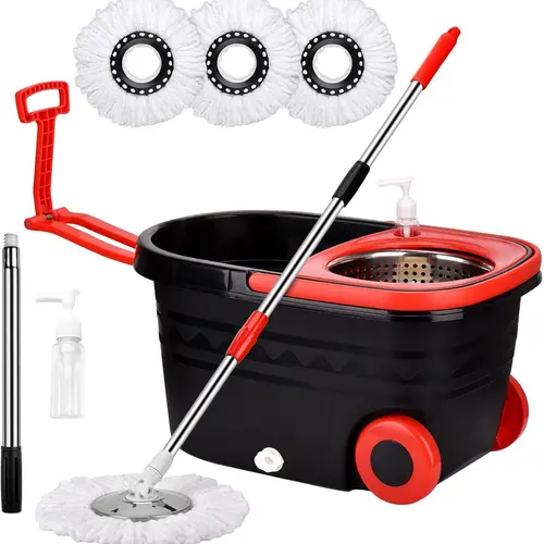 Lightweight 360 Easywring Microfiber Bucket System Mop Set - Absorbent Auto-Rotating Mop with Pail, Drain Plug, 3 Refills, 60in Adjustable Long Handle, Black Home Cleaning Tool, Corner Access, Soap Dispenser for Kitchen, Bucket System Mops