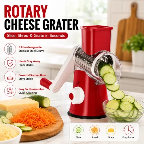 Stainless Steel Rotary Cheese Grater & Vegetable Slicer Kitchen Utensil - Hand Rotary Crank, Wide Feed Chute, Smooth Blade, Suction Base, Safety Handle, Detachable for Cleaning, Easy Assembly, Grinds Nuts & Choc, Hands-Free Prep for Carrots & Cucumbers