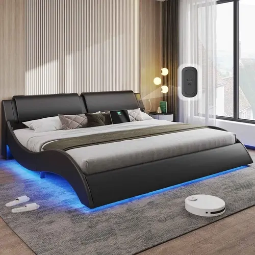 Sikaic King Size Platform Bed Frame with Headboard & Charging Ports, Modern Low Profile Wave Design Bed Frame with LED Lights, Upholstered Wood Slat Support Bed Frame, Black, Home Furniture Christmas Gifts cozy home familyfun [TikTokShopblackfriday]