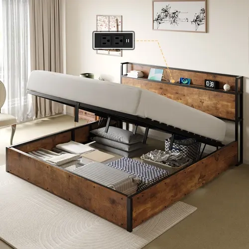 VanAcc Lift Up Storage Bed Frame, Wooden Platform Bed Frame with Lifting Storage & Charging Station, No Spring Box Needed/Noise Free