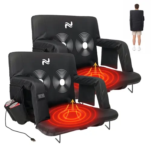 ABORON Unisex Adjustable Heated Massage Stadium Bleacher Seat - 2 Fixed Methods, Avoids Muscle Soreness, USB 3 Heat Levels, 6 Reclining Positions, Back & Arm Support, Collapsible Portable, Kids-Friendly, Sports Use, Batteries Not Included