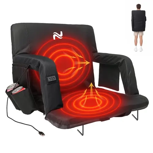 ABORON Adjustable Heated Outdoor Recliner Chair - Unisex Stadium Furniture with Back & Arm Support, Portable 6 Reclining Positions, 2 Hooks & Strap for Stability, Kids-Friendly for Football/Baseball Camping, Batteries Not Included