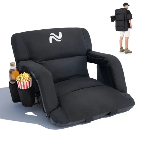 ABORON Unisex Extra Thick Linen Collapsible Recliner Chair - 6 Reclining Positions, Back Support, Comfy Cushion, Wide Seat, Strap & Go Carry, Snack-Ready Pockets for Outdoor Sport Events Adults