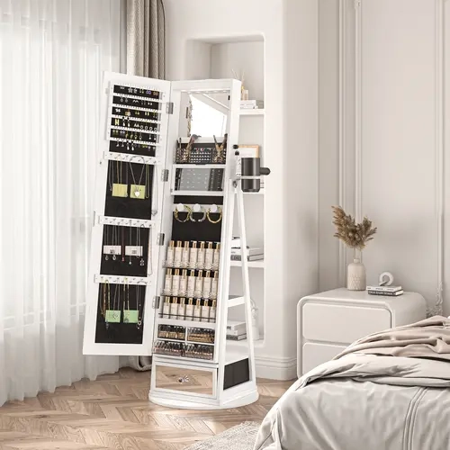 LHBCRAFT Standing Jewelry Cabinet, Christmas Gift for Women, jewelry armoire, Mirror with Storage, Standing Jewelry Armoire Organizer, Mirror Cabinet