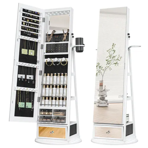 LHBCRAFT 360° Swivel Jewelry Cabinet with Full Length Mirror & LED Lights, Christmas Gift for Women, Lockable Standing Jewelry Armoire Organizer for Necklaces Earrings Rings