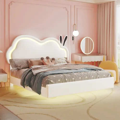 AMERLIFE Floating Bed Frame with Adjustable LED Headboard, Cute Leather Upholstered Platform Bed Frame with Wood Slats Support, Easy Assembly/Best Gift Ideas/Christmas Gifts[TikTokShopFallDealsForYou]