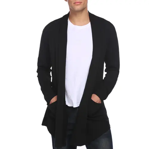 Coofandy Men's Black Ruffle Shawl Collar Cardigan Open Front Lightweight Long Length Drape Cape with Pockets Casual Fashionable Long Sleeve Tops