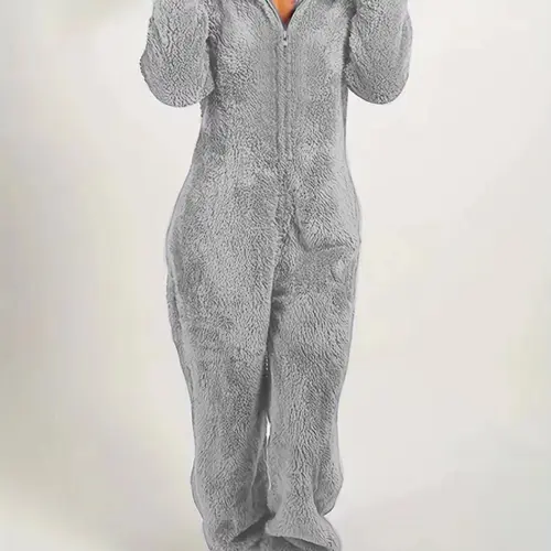【Black Friday】Women's Solid-Color Hooded Plush Pajama Jumpsuit with Front Zipper, Long-Sleeve Onesie with Teddy Bear Ears for Fall and Winter, Fluffy Indoor Loungewear