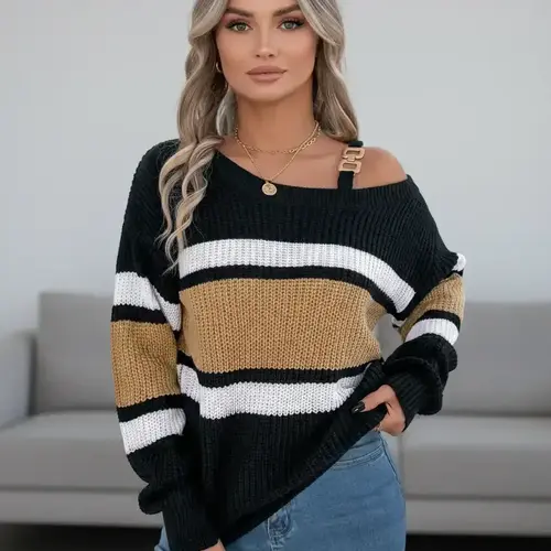 Women's Color Block Striped Sweater, Metal Buckle Strap Detail, Drop Shoulder Long Sleeve Knit Pullover, Casual Fall Winter Daily Knit Top, Striped Knitted Sweater