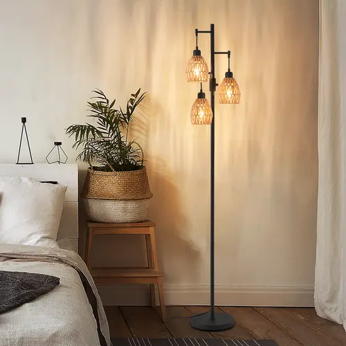 VALLERICO 70" Tall Boho Rattan Lampshade Corded Floor Lamp - 3x9W 900LM LEDs, Adjustable Brightness, Pedal Switch, Ambient Glow, Modern Indoor Light, CFI, Boujee Home Accessories, Bedroom & Living Room & Cool Room Decor, Holiday Use,Halloween,Black Friday