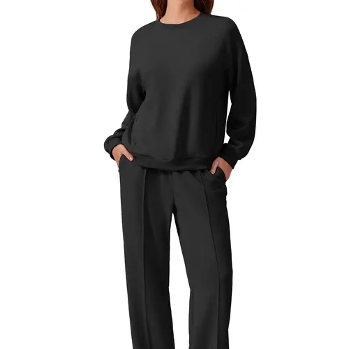 PINSPARK Women's 2-Piece Casual Spandex Fabric Outfit - Long Sleeve Pullover Sweatshirt, Adjustable Drawstring Straight Leg Pants for Home, Travel 2025 Springtok Airport Wear