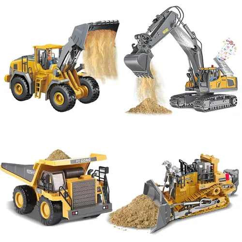 Akeleo Remote Control Excavator (11-Channel), Dump Truck, Bulldozer, Loader (9-Channel), 2.4GHz Remote Control Construction Vehicles, Metal Construction, with Cool Lights and Sound Effects, 4-Pcs,for 3 year old+
