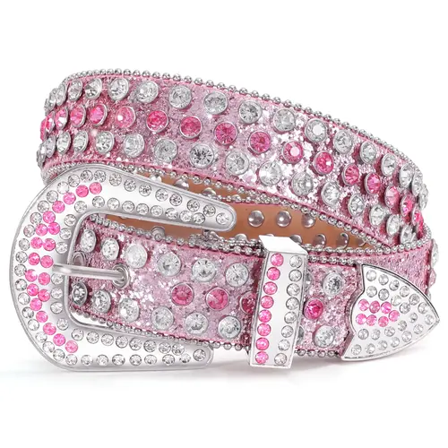 XZQTIVE Women's Western Rhinestone-Rivet Studded Leather Buckle Belt - Exquisite Decor Accessory for Jeans, Dresses, Pink/Silver, Fits 27"-47" Waist