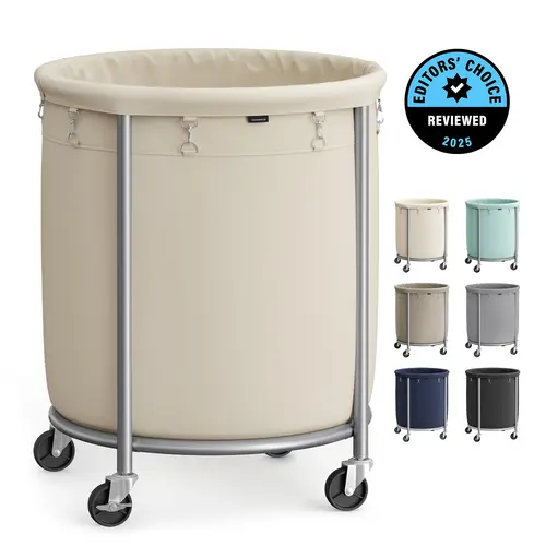 SONGMICS Steel+Polyester Durable Wheeled Laundry Basket, Freestanding Laundry Hamper Basket, Rolling Home Organizer with Brake-Lock Floor Castors, Removable Recyclable Bag for Clothes & Household Items