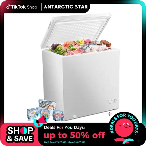 Antarctic Star 7.0 Cu.ft Compact Refrigerator Freezer, Freestanding Top-Open Door, 6.8℉ to -4℉ Adjustable 7-Temp Settings, Removable Basket, Defrost Drain, Sealed Gasket, Power On/Off Lights, Energy-Saving, UL Certified, R600a, Ideal for Garage/Party