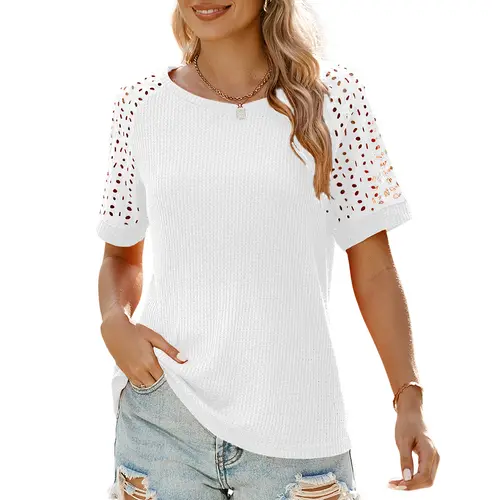 Shewin Women's Short-Sleeve Knit Top - Thin Knitwear, Round Neck, Breathable Lightweight Waffle Hollow-Out Fabric, Fitted Flattering Silhouette, Plus Size Casual Summer Basic Wear