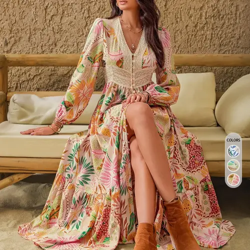 Women's Leaf Print Contrast Lace Button-Front Split Thigh Dress, Elegant Boho Bohemian Bishop Sleeve V-Neck Ruffle Hem Fitted Long Dress for Vacation, Ladies Fall & Winter Clothes, Elegance
