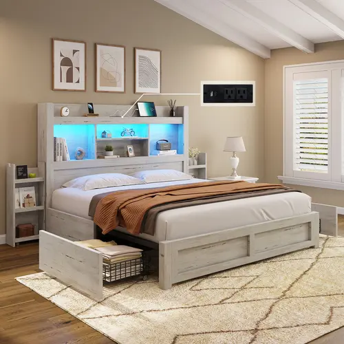 [Ships in 2 Boxes] AMERLIFE LED Bed Frame with 49.6"Tall Bookcase Headboard&4 Storage Drawers, Platform Bed with Charging Station&2 Slide Bedside Shelf, Apartment Furniture/Unique Bedroom Furniture/Christmas Gifts[TikTokShopFallDealsForYou]