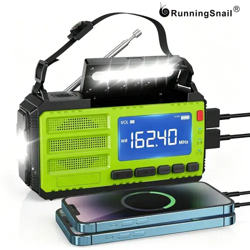 Running Snail 1x Emergency Weather Radio - Portable Rechargeable Solar Powered Radio, 10000mAh Hand Crank, AM/FM, LCD Display, Flashlight, Reading Lamp, Compass, 2 USB Outputs, Phone Charging, Hurricane Prep Survival Gear