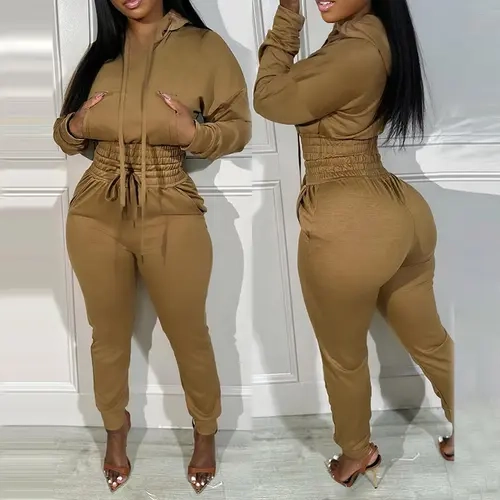 CHICME Womens 2 Piece Outfits Lounge Hoodie Shirred Waist Pocket Design Wedding Guest Sweatshirt Cuffed Jogger Wedding Sweatpants Tracksuit