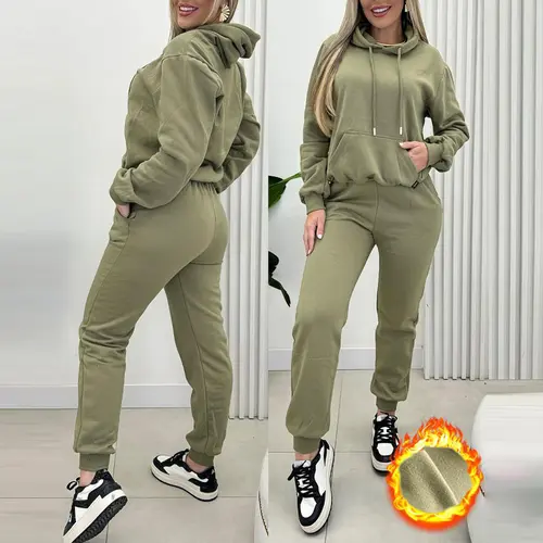 CHICME Women's 2-Piece Athleisure Wear - Warm Fleece-Lined Long Sleeve Hoodie, Kangaroo Pocket, Adjustable Cuffed Sweatpants, Casual Workout Loungewear Streetwear Tracksuit Set