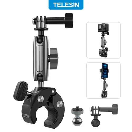 TELESIN Handlebar Mount Clamp with 360° Ball Head for 360 Action Cameras, Bike & Motorcycle Bar Mount for GoPro Hero 13/12/11/10/9/8, DJI Osmo Action 5/4/3 Pocket 3, Insta360 X5/X4/X3/ACE/GO 3,Akaso, Xtra– Perfect for Cycling, Motorcycle, Outdoor Riding