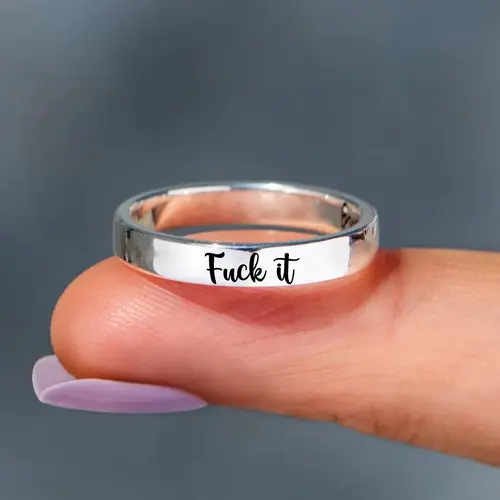 Women's Non-Tarnish Stainless Steel Engraved "Fuck It" Circle Statement Ring Band with Artificial Gemstone - Customized Freak Gifts for Her, Unique Cool Gifts, Casual Funky Female Finger Accessory, Rings for Women
