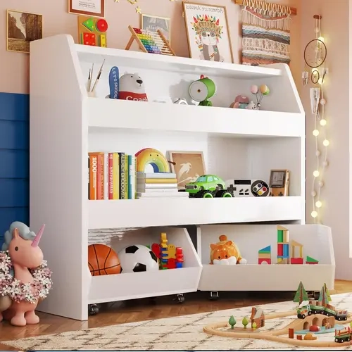 LAST CALL | Sturdy 3-Tier Rolling Wooden Kids' Toy Storage Cabinet - Durable Room Saver with Wheels, Modern White Book Storage Organizer, Assembly Required Children’s Furniture, Convenient for Parents, Suitable for Kitchens