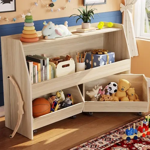 LAST CALL | COZPAW Sturdy Wooden MDF Minimalist 2-Tier Montessori Kids’ Bookshelf Book Rack - Movable Deep Bins Toy Storage Organizer, 15 - 20 Kg Capacity, Ample Depth & Versatility, Playroom-Fit, Requires Assembly