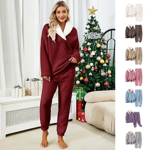 SCUSTY Christmas Suits Womens Fluffy Pajamas Set Soft Fleece Pullover Pants Loose Plush Sleepwear Loungewear Set