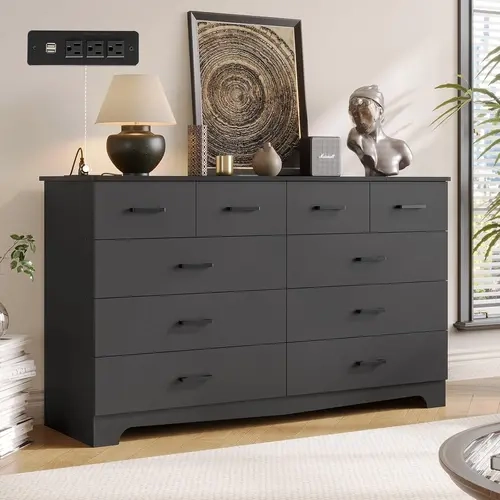 Sikaic 55.1 Inches 10 Drawers Modern Long Dresser with Power Outlets and Ample Storage Organizer for Bedroom bedroom furniture, Home Furniture Christmas Gifts [TiktokShopFallDealsForYou]
