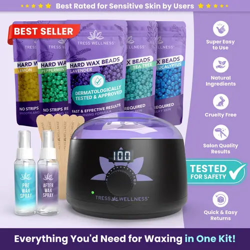 Complete Waxing Kit Set by Tress Wellness | Safe for Full Body Waxing | Armpit, Face, Legs, Brazilian and Bikini Waxing at home | At Home Waxing Kits for Women & Men | Sensitive Skin | Body Care | Waxing Hair Removal Hypoallergenic Wax Beads Hard Wax Kit