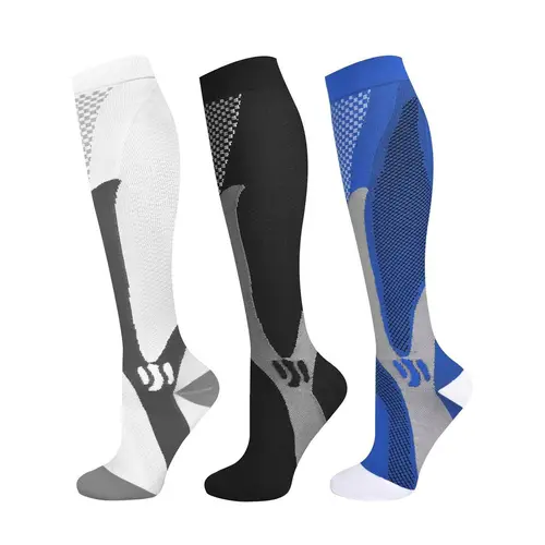 3 Pairs Sport Compression Socks for Men Women Knee High Calf Leg Athletic Support 20-30 mmHg Nylon Cotton Moisture Wicking Gift for Joggers Athletes