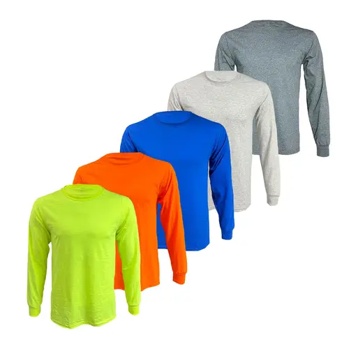 5 PACK - 50/50 Cotton/Polyester Blend Light Weigh Long Sleeve Shirt available in HI VIS ORANGE AND SAFETY GREEN and other colors