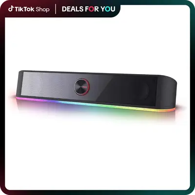 Redragon GS560 RGB Compact Desktop Soundbar, 2.0 Channel Crystal Computer Speakers for Smartphone & Devices, Plug-Powered via USB/3.5mm Cable, Dynamic Lighting Sync, Touch-Control Backlit w/ Volume Knob, Black,summerwins,father'sdaygifts