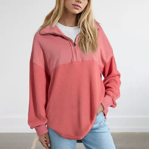 Shewin   Women's Half-Zip Waffle Knit Tops - Oversized Long Sleeve Cotton Casual Pullovers  DealsForYouDays,summerwins,summeroutfits,vacationoutfits,beachoutfits Knitwear Womenswear