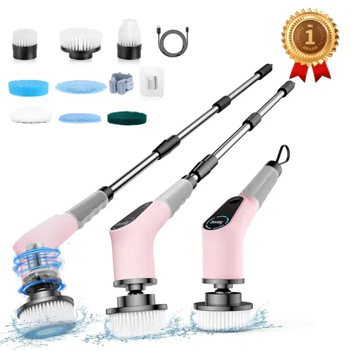 Dovety×Girl Pink Plastic Cordless Electric Spin Scrubber, 8 Replaceable Brush Heads, 2 Adjustable Speeds, 3-Level Extension-Detachable Handle, Up to 90min Run, Cleaning Gadgets for Bathroom Grout & Kitchen, Portable Multifunction Tool, Perfect Gift