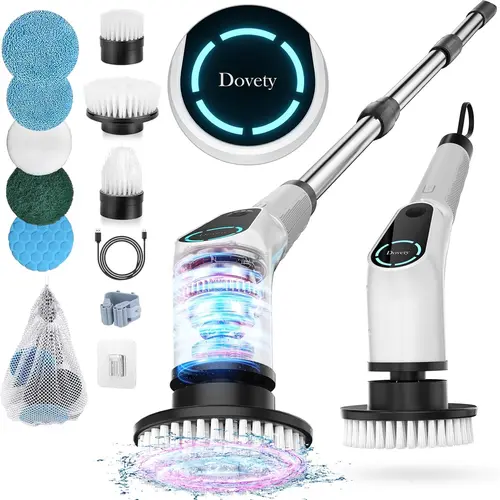 Dovety Rechargeable Electric Spin Scrubber - Type C/USB Rechargeable Battery-Powered Scrubber with 8 Replaceable Brush Heads, 2 Adjustable Dual Speeds, Extension Handle for Tub, Floor, Perfect Gift for Family