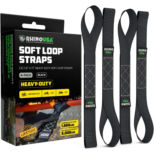 Rhino USA Soft Loop Tie Down Straps (4-Pack) - 1.6 Inch x 17 Inch (5,000 lbs Break Strength) Heavy Duty Motorcycle Straps