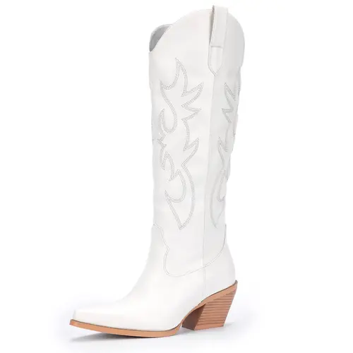 Women's Western Cowboy Boots - Wide Calf Knee-High Cowgirl Boots with Classic Embroidery Slip-On Pointed Toe Chunky Heel Retro Fashion Tall Boots for Festival Concert Outfits White Walking Shoes Footwear tiktokshopbacktoschool